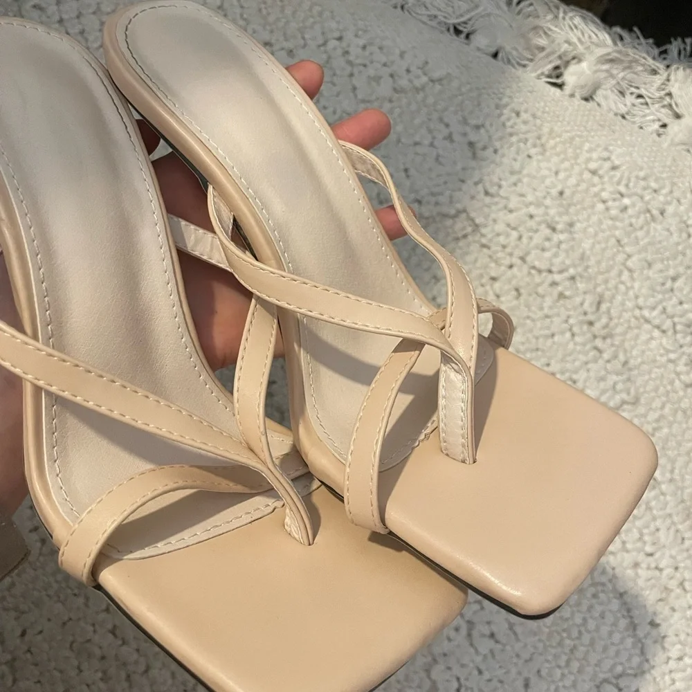 Cream‎ Square Toe Strappy Heeled Mules
